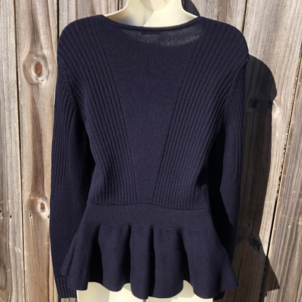 Magaschoni Medium Wool Sweater Pullover Top Peplum Navy Blue Ribbed Long Sleeve - Picture 4 of 7